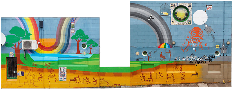 An edited mosaic of the full climate mural, featuring small stick figures navigating a changing world.