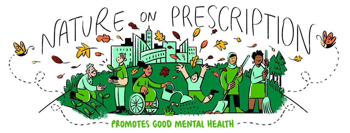 A drawing that says 'nature on prescription' with giures of people enjoying a green space backed by buildings.